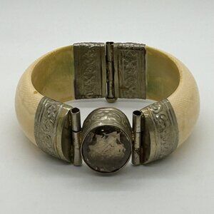 Vintage Hinged Bangle Bracelet With Natural Crystal Cabochon & Brass Accents